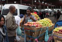 A street trader sells fruit from a shopping trolley at a taxi and bus rank in Pinetown, South Africa September 30, 2017. REUTERS/Rogan Ward