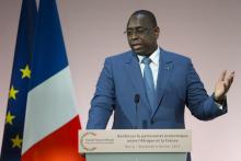 Senegal's President Macky Sall delivers a speech during the Franco-African Forum at the Bercy Finance Ministry in Paris, February 6, 2015. PHOTO BY REUTERS/Ian Langsdon