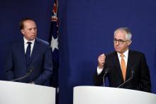 Australian Prime Minister Malcolm Turnbull (R) and Immigration and Border Protection Minister Peter Dutton answer a question during a news conference in Sydney, Australia, October 30, 2016. PHOTO BY REUTERS/Paul Miller