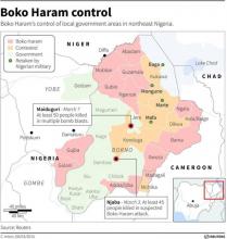 Map of northeast Nigeria showing the local government areas under the control of militant Islamist group Boko Haram including location of latest deadly incidents.