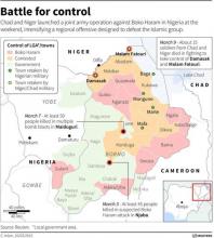 Map of northeast Nigeria showing the local government areas under the control of militant Islamist group Boko Haram. Includes locations of the latest deadly incidents.