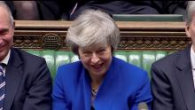 British Prime Minister Theresa May reacts as Jeremy Corbyn speaks, after she won a confidence vote, after Parliament rejected her Brexit deal, in London, Britain, January 16, 2019, in this screen grab taken from video. PHOTO BY REUTERS/Reuters TV 