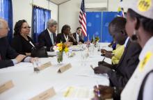 U.S. Secretary of State John Kerry (3rd L) meets with civil society leaders at the U.S. embassy in Juba