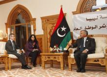 Nouri Abusahmain, the head of Libya's General National Congress (GNC) (R) meets with Bernardino Leon (L) Special Representative United Nations (U.N.) for Libya in Tripoli, December 8, 2014. PHOTO BY REUTERS/Ismail Zitouny