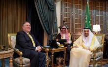 U.S. Secretary of State Mike Pompeo meets with Saudi Arabia's King Salman bin Abdulaziz Al Saud in Riyadh , Saudi Arabia, April 29, 2018. PHOTO BY REUTERS/Bandar Algaloud/Courtesy of Saudi Royal Cour