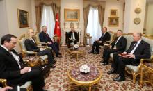 Turkish Prime Minister Binali Yildirim, accompanied by Foreign Minister Mevlut Cavusoglu (3rd R), meets with U.S. Secretary of State Rex Tillerson (3rd L) in Ankara. PHOTO BY REUTERS/Hakan Goktepe/Prime Minister's Press Office