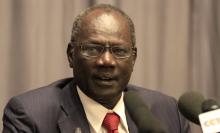 South Sudan's Information Minister Michael Makuei Leuth, spokesperson of the South Sudanese government, addresses a news conference during South Sudan's negotiation talks in Ethiopia's capital Addis Ababa