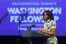 U.S. first lady Michelle Obama delivers remarks at the Summit of the Washington Fellowship for Young African Leaders in Washington