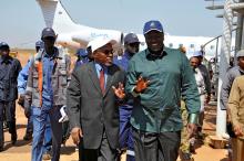 South Sudan's Oil minister Ezekiel Lul Gatkuoth (R) and Sudan's oil minister, Azhari Abdel Qader arrive for a ceremony marking the restarting of crude oil pumping at the Unity oil fields in South Sudan, January 21, 2019. PHOTO BY REUTERS/Samir Bol
