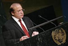 Prime Minister Muhammad Nawaz Sharif of Pakistan addresses attendees during the 70th session of the United Nations General Assembly at the U.N. Headquarters in New York, September 30, 2015. PHOTO BY REUTERS/Carlo Allegri