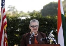 Nancy Powell addresses the media in the U.S. embassy in New Delhi