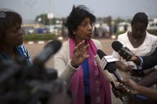 United Nations High Commissioner for Human Rights Navi Pillay addresses media on her arrival at the airport of the capital Bangui