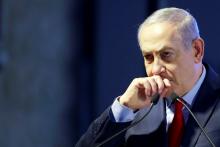 Israeli Prime Minister Benjamin Netanyahu gestures as he speaks during an inauguration ceremony for a fortified emergency room at the Barzilai Medical Center in Ashkelon, southern Israel, February 20, 2018. PHOTO BY REUTERS/Amir Cohen