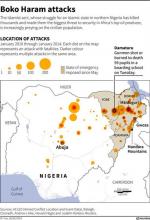 Map of Nigeria showing fatalities as a result of attacks by Boko Haram from 2010 to January 2014.