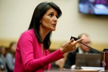U.S. Ambassador to the United Nations Nikki Haley testifies to the House Foreign Affairs Committee on "Advancing U.S. Interests at the United Nations" in Washington, U.S., June 28, 2017. PHOTO BY REUTERS/Joshua Roberts
