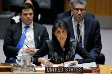 U.S. Ambassador to the UN Nikki Haley speaks during a meeting of the UN Security Council at the UN headquarters in New York, U.S., November 16, 2017. PHOTO BY REUTERS/Lucas Jackson