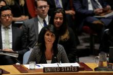 U.S. Ambassador to the United Nations Nikki Haley delivers remarks during a meeting by the United Nations Security Council at the U.N. headquarters in New York City, U.S., August 29, 2017. PHOTO BY REUTERS/Andrew Kelly