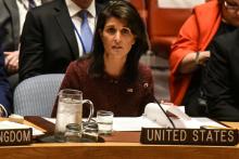 U.S. Ambassador to the United Nations Nikki Haley delivers remarks at a security council meeting at U.N. headquarters during the United Nations General Assembly in New York City, U.S., September 21, 2017. PHOTO BY REUTERS/Stephanie Keith