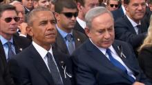 A still image taken from a video shows Israel's Prime Minister Benjamin Netanyahu and U.S. President Barack Obama attending the funeral of former Israeli President Shimon Peres in Jerusalem, September 30, 2016. PHOTO BY REUTERS