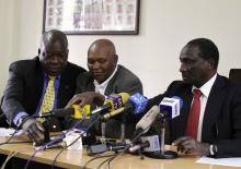 From L-R: David Okeyo, Kipchoge Keino, and Isaiah Kiplagat prepares to address a news conference in Kenya's capital Nairobi, May 23, 2012. PHOTO BY REUTERS/Noor Khamis