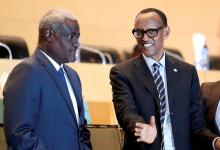 Rwandan President Paul Kagame talks to African Union Chairperson Moussa Faki Mahamat during the High Level Consultation Meetings of Heads of State and Government on the situation in the Democratic Republic of Congo at the African Union Headquarters in Addis Ababa, Ethiopia, January 17, 2019. PHOTO BY REUTERS/Tiksa Negeri