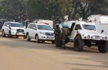 U.N. peacekeepers take a break as they patrol along a street during the presidential election in Bangui, the capital of Central African Republic, in a file photo. PHOTO BY REUTERS/Media Coulibaly