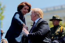 U.S. President Donald Trump shakes hands with Speaker of the House Nancy Pelosi as they both attend the 38th Annual National Peace Officers Memorial Service on Capitol Hill in Washington, U.S., May 15, 2019. PHOTO BY REUTERS/Carlos Barria