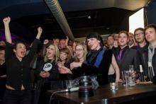 Birgitta Jonsdottir of the Pirate Party reacts alongisde party members after early results of the parliamentary elections in Iceland, October 29, 2016. PHOTO BY REUTERS/Geirix