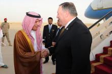 U.S. Secretary of State Mike Pompeo shakes hands with Saudi Foreign Minister Adel Al-Jubeir upon his arrival in Riyadh, Saudi Arabia, April 28, 2018. PHOTO BY REUTERS/Saudi Press Agency