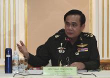 Thai Army chief General Prayuth Chan-ocha speaks during a meeting with members of the International Chamber of Commerce at the Royal Thai Army Headquarters in Bangkok