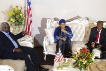 Sierra Leonean President Ernest Bai Koroma (L), Liberian President Ellen Johnson Sirleaf (C) and Guinean President Alpha Conde (R) speak during a conference on the Ebola virus in Conakry