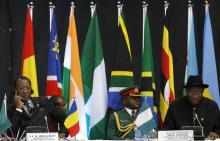 Chad's President Idriss Deby (L) and his Nigerian counterpart Goodluck Jonathan attend the Africa Union Peace and Security Council Summit on Terrorism at the Kenyatta International Convention Centre in Nairobi, September 2, 2014. PHOTO BY REUTERS/Thomas Mukoya