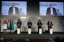 President of the European Commission Jean-Claude Juncker, Guinea's President and President of the African Union Alpha Conde, European Council President Donald Tusk and African Union Commission President Moussa Faki Mahamat during a news conference at the closing session of the 5th African Union, Abidjan, Ivory Coast, November 30, 2017. PHOTO BY REUTERS/Luc Gnago