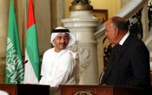 UAE Foreign Minister Abdullah bin Zayed al-Nahyan and Egyptian Foreign Minister Sameh Shoukry attend a press conference after their meeting that discussed the diplomatic situation with Qatar, in Cairo, Egypt, July 5, 2017. PHOTO BY REUTERS/Khaled Elfiqi