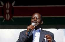 Kenyan opposition leader Raila Odinga addresses striking doctors at the Uhuru Park as they wait for the release of jailed officials of the national doctors' union following their case to demand fulfilment of a 2013 agreement between their union and the government, in Nairobi, Kenya February 15, 2017. PHOTO BY REUTERS/Thomas Mukoya