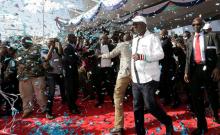 Kenyan opposition leader Raila Odinga of the National Super Alliance (NASA) coalition celebrates as he is announced as the presidential candidate for the 2017 general elections during a rally at the Uhuru Park grounds, in Nairobi, Kenya, April 27, 2017. PHOTO BY REUTERS/Thomas Mukoya