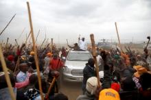 Kenyan opposition leader Raila Odinga, the presidential candidate of the National Super Alliance (NASA) party, is surrounded by supporters from the Maasai community as he arrives on top of a car to an election rally in Suswa, Kenya, August 2, 2017. PHOTO BY REUTERS/Baz Ratner