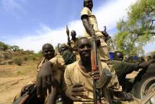 Sudanese Armed Forces (SAF) and the Rapid Support Forces (RSF) personnel are seen after recapturing the Daldako area, east of Kadogli