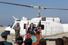 U.S. Charge d'Affaires and Interim Ambassador Richard H. Jones speaks during a ceremony reviewing three Huey II helicopters donated by the United States to the Lebanese armed forces, at the Beirut air base, Lebanon, March 31, 2016. PHOTO BY REUTERS/Aziz Taher