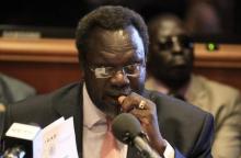 South Sudan's rebel leader Riek Machar addresses a news conference in Ethiopia's capital Addis Ababa, May 12, 2014. PHOTO BY REUTERS/Tiksa Negeri