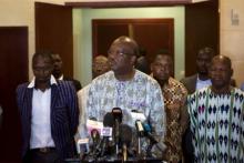 Political party leader Roch Marc Christian Kabore speaks to journalists in Ouagadougou, Burkina Faso, September 19, 2015. PHOTO BY REUTERS/Joe Penney