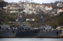 Russian Navy vessels are anchored at a navy base in the Ukrainian Black Sea port of Sevastopol in Crimea