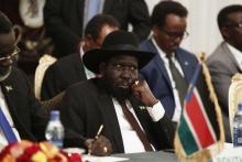 South Sudan's President Salva Kiir attends an urgent session for the Summit of the Inter-Governmental Authority on Development (IGAD) on South Sudan in Ethiopia's capital Addis Ababa