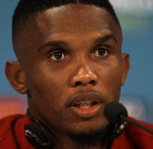 Cameroon player Samuel Samuel Eto'o gestures during a news conference before a team training at Arena da Amazonia stadium in Manaus, June 17, 2014. PHOTO BY REUTERS/Andres Stapff