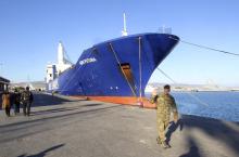 One of two cargo ships intended to take part in a Danish-Norwegian mission to transport chemical agents out of Syria docks in Limassol