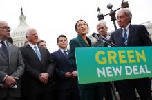 U.S. Representative Alexandria Ocasio-Cortez (D-NY) and Senator Ed Markey (D-MA) hold a news conference for their proposed "Green New Deal" to achieve net-zero greenhouse gas emissions in 10 years, at the U.S. Capitol in Washington, U.S., February 7, 2019. PHOTO BY REUTERS/Jonathan Ernst