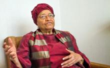 Former Liberian President Ellen Johnson Sirleaf speaks during a Reuters interview in Kigali, Rwanda, April 28, 2018. PHOTO BY REUTERS/Jean Bizimana