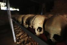 Preserved skulls are spread out on a metal shelf in a Catholic church in Nyamata, April 9, 2014. PHOTO BY REUTERS/Noor Khamis