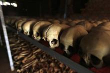 Preserved skulls are spread out on a metal shelf in a Catholic church in Nyamata, April 9, 2014. PHOTO BY REUTERS/Noor Khamis