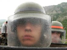 KFOR soldiers from France and Ukraine take part in a military exercise at the Jarinje border crossing between Kosovo and Serbia